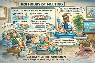 Koi hobbyist meeting discussing why most koi health problems start with parasites — not water.