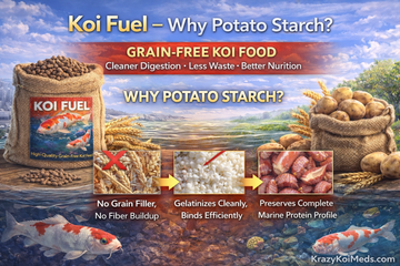 Koi Fuel – Why Potato Starch? infographic showing benefits of grain-free koi food and potato starch.