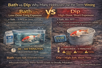 Koi Salt Bath vs Dip Explained (Most Hobbyists Get This Wrong) infographic comparing bath and dip methods for Koi care.