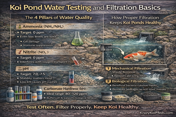 Koi Pond Water Testing and Filtration Basics: Keeping Koi Healthy - infographic detailing water quality pillars.