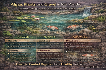 Algae, Plants, and Gravel in Koi Ponds: What Helps and What Harms Fish Health infographic detailing pond design factors.