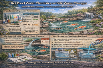 Koi Pond Water Chemistry: Stability & Safe Water Changes infographic detailing water parameters and safe practices.