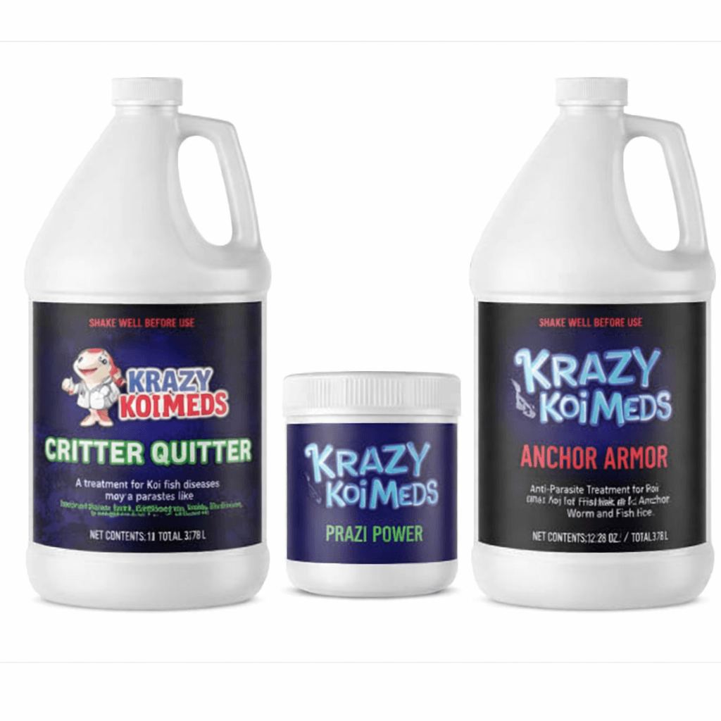 Parasite Assassin Kit (International) including Critter Quitter, Prazi Power, and Anchor Armor for pond parasite control.