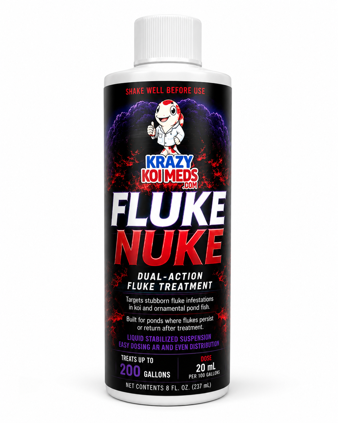 Fluke Nuke bottle showcasing dual-action fluke treatment for pond fish, targets stubborn fluke infestations.