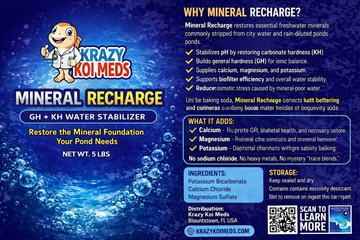 Mineral Recharge GH + KH water stabilizer for koi ponds by Krazy Koi Meds, restoring mineral foundation for pond health.