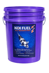 Koi Fuel All Season Pro – 18 lb Premium Koi Food 5mm in a purple bucket for year-round koi nutrition.