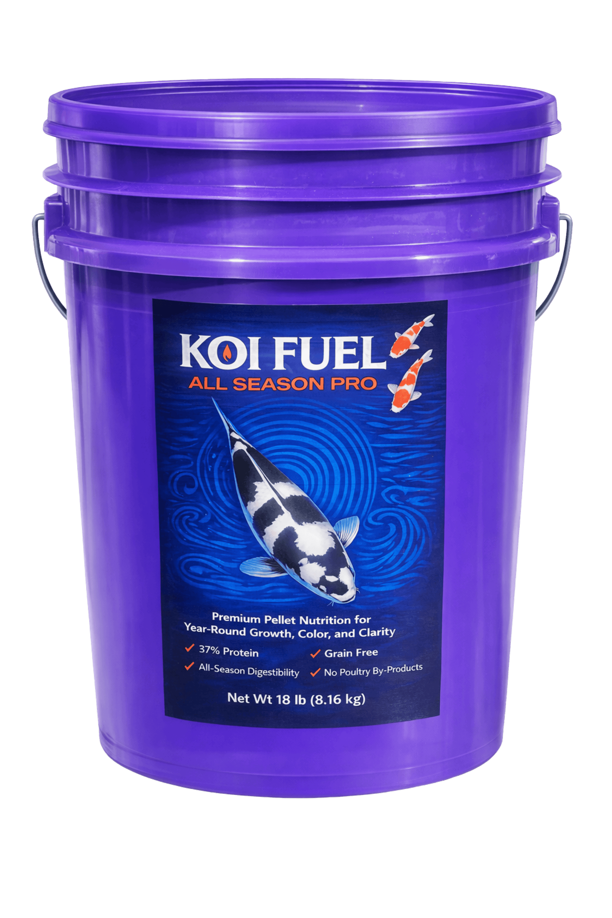 Koi Fuel All Season Pro – 18 lb Premium Koi Food 5mm in a purple bucket for year-round koi nutrition.