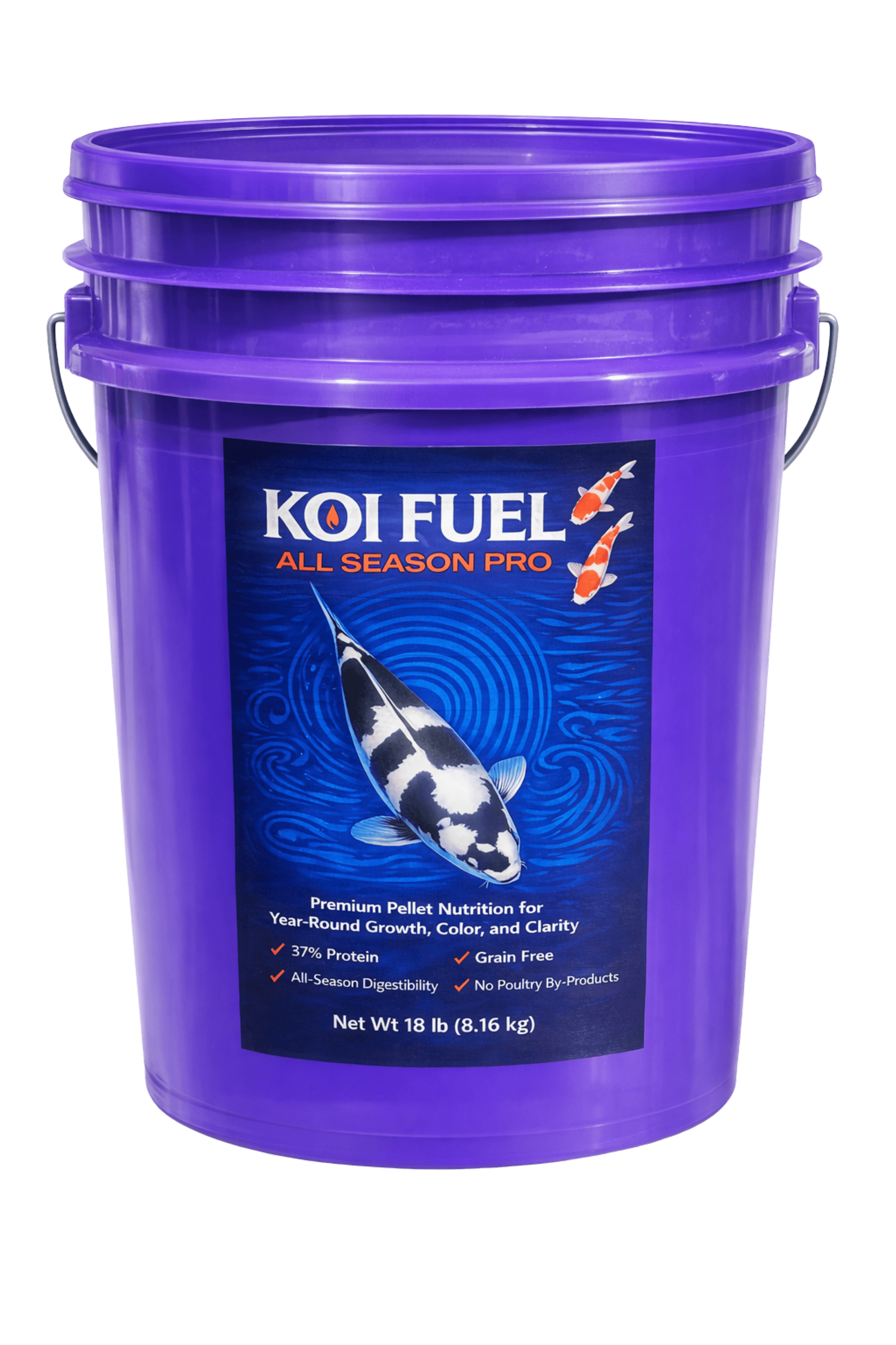 Koi Fuel All Season Pro – 18 lb Premium Koi Food 5mm in a purple bucket for year-round koi nutrition.
