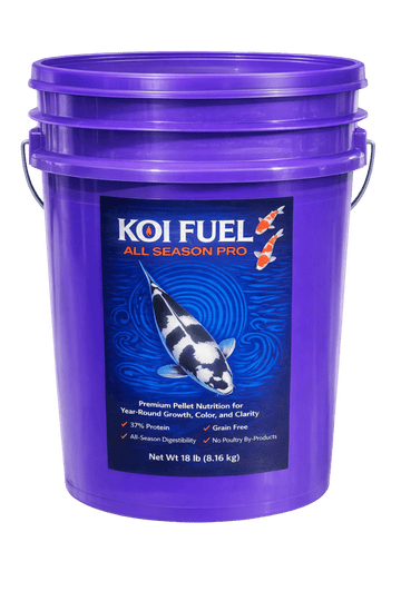 Koi Fuel All Season Pro – 18 lb Premium Koi Food 5mm in a purple bucket for year-round koi nutrition.