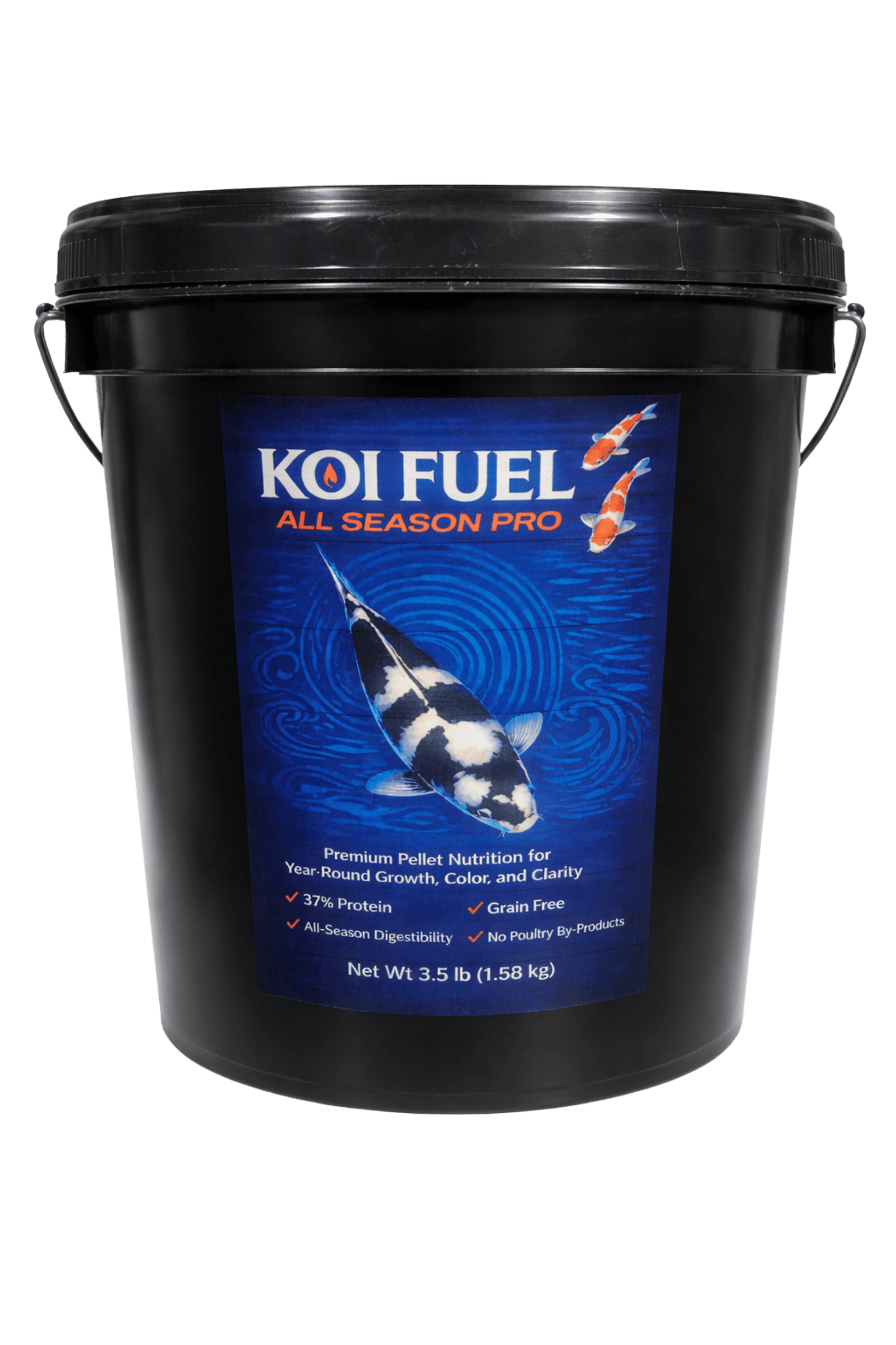 Koi Fuel All Season Pro – 3.5 lb Premium Koi Food 5mm in a black container designed for healthy koi nutrition.