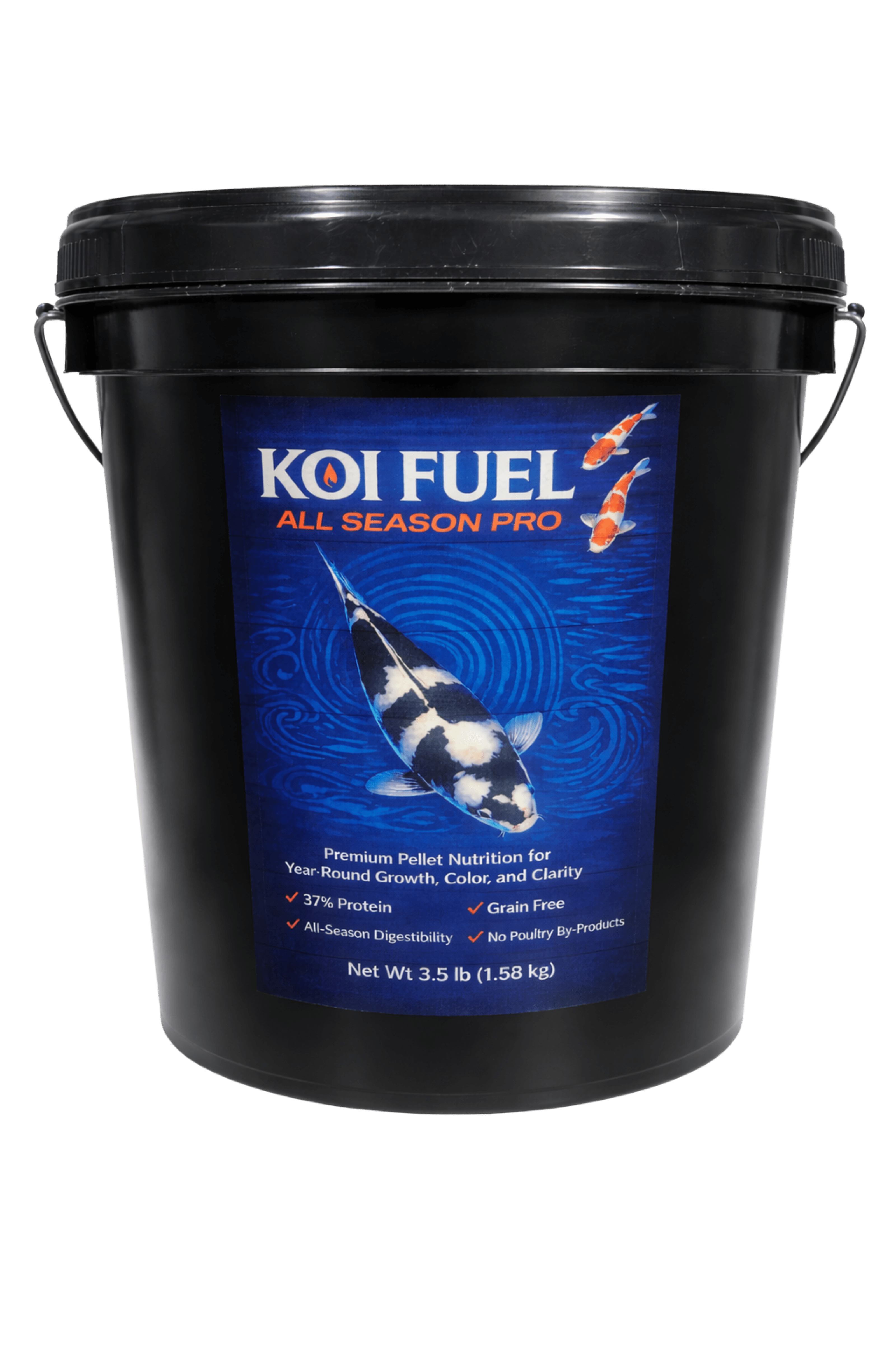 Koi Fuel All Season Pro – 3.5 lb Premium Koi Food 5mm in a black container designed for healthy koi nutrition.