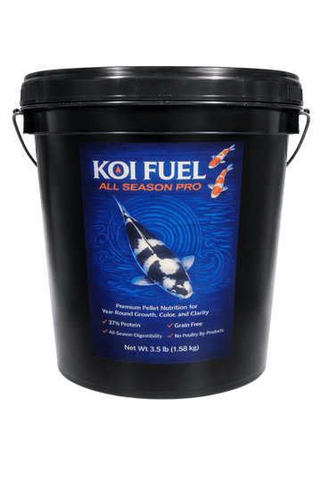 Koi Fuel All Season Pro – 3.5 lb Premium Koi Food 5mm in a black container designed for healthy koi nutrition.