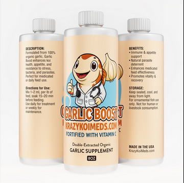 Garlic Boost liquid garlic extract bottle, natural appetite stimulant and immune enhancer for koi and ornamental fish.