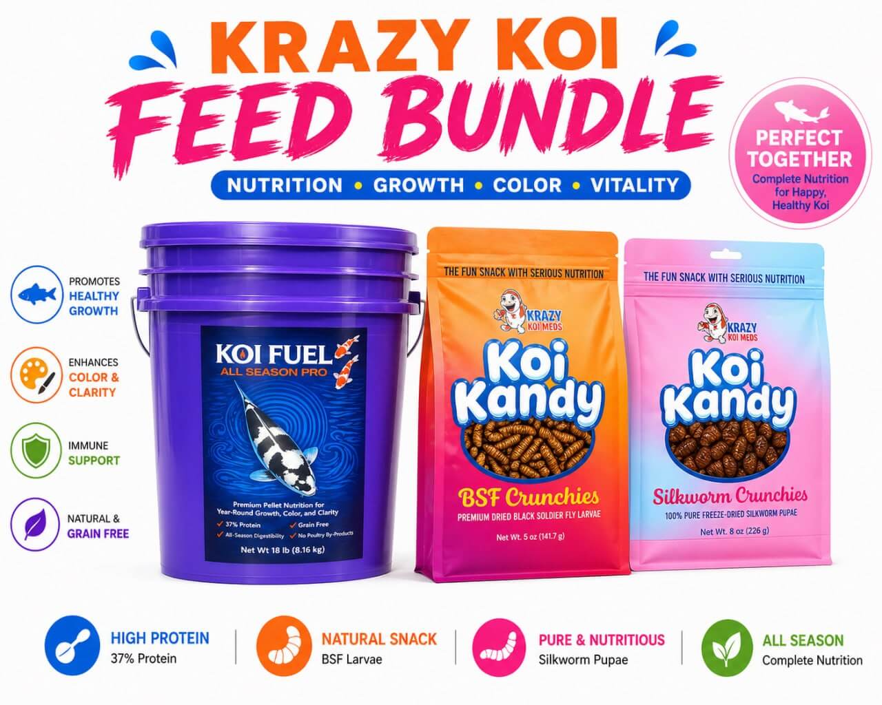 18 lb Premium Koi Food 5mm Bundle, highlighted with nutrition benefits, vibrant colors, and various koi food types.
