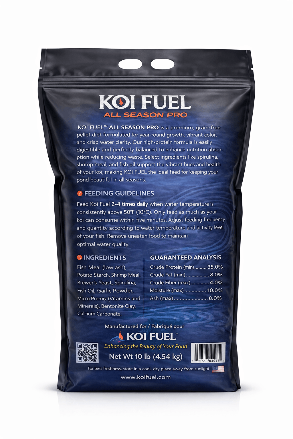 Koi Fuel- All season Pro - 10Lb - Premium Koi Food packaging showcasing ingredients and feeding guidelines.